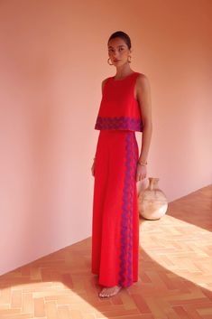 Charlie Jumpsuit In Rhubarb Ric Rac - Pre Order – Mister Zimi Bright Womens Outfits, Vintage Italy Fashion, Tailored Boho Fashion, Outfit Inspo Women 30s, Mr Zimi Dresses, Colorful Jumpsuit Outfit, Art Event Outfit, South Of France Wedding Guest Outfit, Portugal Fashion Summer