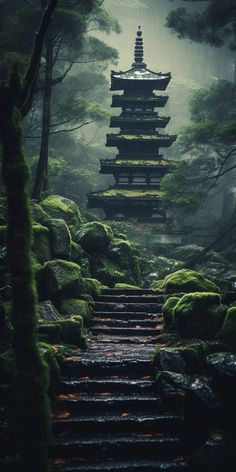 a pagoda in the middle of a forest with moss growing on it's steps