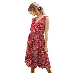 Wine Red Button Detail Sleeveless Floral Dress Red Sleeveless Floral Print Dress, Red Printed Sleeveless Sundress, Red V-neck Summer Sundress, Red Printed V-neck Sundress, Red Floral Print V-neck Sleeveless Dress, Red Button, Sleeveless Floral Dress, Wine Red, Floral Dress