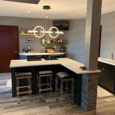 a kitchen with two bar stools and an island in the middle of the room