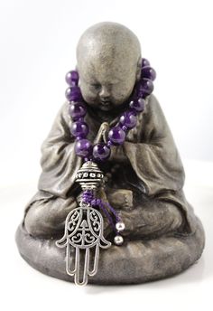 A deep purple Amethyst mini mala will easily fit into a pocket/purse/yoga bag. The perfect tool for stress relief! You don't have to be into meditation to appreciate the soothing feel of this polished natural stone in your hand. Perfect for keeping with you all day long or at your bedside for a few moments of quiet retreat, meditation or affirmation practice. SIZE/LENGTH: Silver healing hand pendant measures approx. 35mm (1 3/8 inches); The beaded portion of this small pocket mala measures appro Yoga Beads, Worry Beads, Knotted Mala, Beads Mala, Yoga Style, Amethyst Healing, 108 Mala Beads, Healing Hands, Carnelian Stone