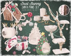 a bunch of items that are sitting on a green tablecloth with the words dust bunny santa paws set