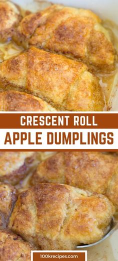 two images show how to make crescent roll apple dumplings