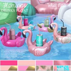 the flamingos are floating in the water with drinks and cans on their floats,