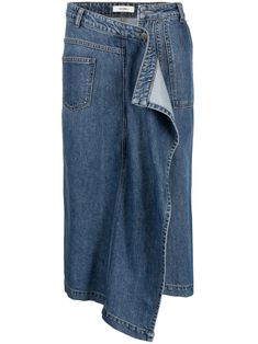 indigo blue cotton mid wash belt loops front button fastening side patch pockets asymmetric hem Skirt Asymmetrical, Upcycle Jeans, City Dress, Denim Trends, Straight Skirt, Formal Style, Fashion Line, Cute Skirts, Jean Skirt