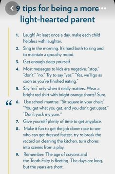 a poster with the words 9 tips for being a more light -hearted parent