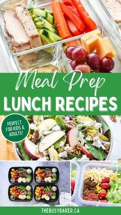 the meal prep lunch is ready to be eaten and served in plastic containers with fruit, vegetables