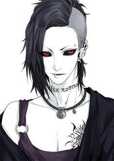 an anime character with red eyes and piercings on his head, wearing a black shirt