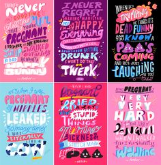 four different types of typogramic designs in pink, blue and purple