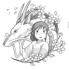 a drawing of a girl and a wolf with flowers around her head, in front of the words i love you