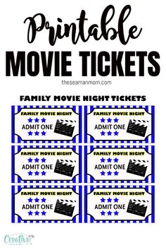 printable movie tickets with the words family movie night on them and an image of a ticket