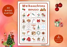 a poster with christmas decorations on it and the words weinhachten, bingo