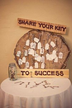 a table with a sign that says share your key to success next to a card