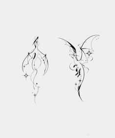 two black and white tattoos with dragon designs on the back of their wings, one is drawn