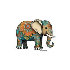 an elephant with colorful designs on it's body and tusks, standing in front of a white background