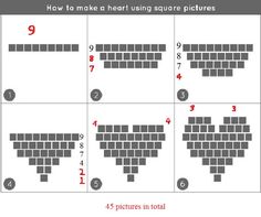 how to make a heart using square pictures in four different ways, including numbers and letters