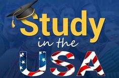 the words study in the usa with an american flag