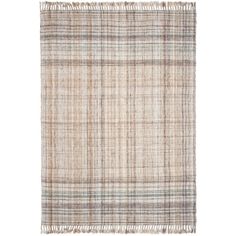 a beige and blue plaid rug with fringes