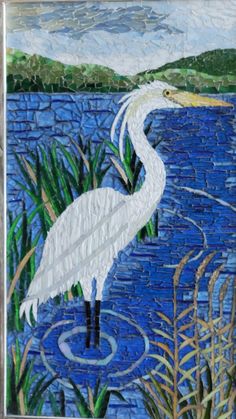 a painting of a white bird standing in the water