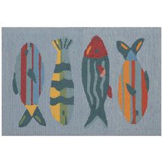 three fish hooked up to each other on a blue rug with multicolored stripes