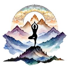 a woman is doing yoga on top of a mountain with mountains and stars in the background