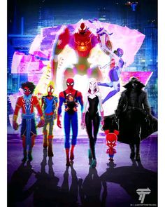 spider - man into the spider verse movie poster with many different characters in their costumes