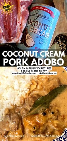 pork adobo with coconut milk is served with rice Pork With Coconut Milk Recipes, Coconut Milk Pork Chops, Pork Adobo Recipe Filipino, Adobo With Coconut Milk, Adobo Pork Filipino Recipe, Pork Adobo Recipe Filipino Slow Cooker, Pork Adobo With Coconut Milk, Chicken Pork Adobo Recipe, Instant Pot Pork Adobo Filipino