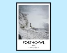 a black and white photo with the words porthcawl waves in front of it