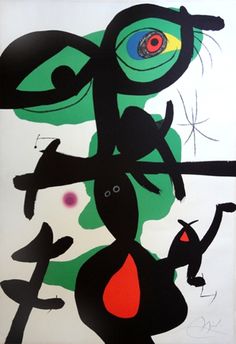 an abstract painting with black, green and red colors on white paper in the shape of a stylized figure