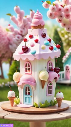 a cake shaped like a house with ice cream and cherries on the roof is sitting on a table