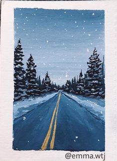 a painting of a road with trees and snow