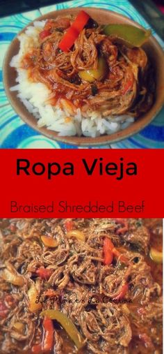 a plate with shredded beef, rice and peppers next to the words ropa vieja