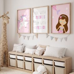 This mermaid unicorn wall art set is perfect for a young girl's bedroom decor!  Whimsical Unicorn Art, Ride With Unicorns Swim With Mermaids quote, and Mermaid Tail Art.  I can even personalize the mermaid to look more like your little one if desired - hair color, skin color, eye color.  She is sure to love this cute wall art set!  Customize in the size and colors of your choice.  Available as unframed PRINTS or ready to hang CANVAS! SIZING OPTIONS: Available sizes and pricing for both canvas an Princess And Unicorn Bedroom, Unicorn Bedroom Ideas Kid Rooms, Mermaid Bedroom Ideas, Mermaid And Unicorn Bedroom, Tasteful Unicorn Bedroom, Mermaid Tail Art, Mermaid Prints, Dunelm Unicorn Bedroom, Unicorn Wall Art Girl Rooms