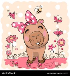 a cute cartoon bear with a pink bow on her head standing in the grass surrounded by flowers and butterflies