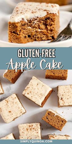 gluten - free apple cake with white frosting on top and sliced into squares