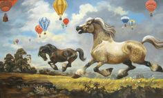 two horses are running in the field with hot air balloons flying above their heads and feet