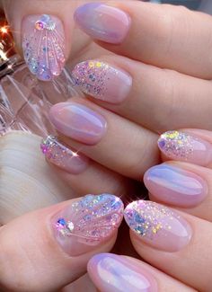 Diamond Gel Nail Designs, Sparkle Almond Nails Glitter, Glitter Flake Nails, Speak Now Nails, Kawaii Nail Designs, Kawaii Nails Acrylic, Japanese Gel Nails, Beach Themed Nails, Nails Kawaii