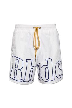 White shorts from Rhude. Decorated with a blue logo, this pair features an elastic waistband with drawstrings in yellow. Composition: 100% Nylon White Logo Print Bottoms For Summer, Summer Sports Bottoms With Logo Print, Logo Print Sports Bottoms For Summer, Summer Streetwear Shorts With Logo Print, Sporty Logo Print Bottoms For Spring, Sporty Spring Bottoms With Logo Print, White Letter Print Bottoms For Beach Season, White Drawstring Shorts For Streetwear, White Nylon Drawstring Shorts