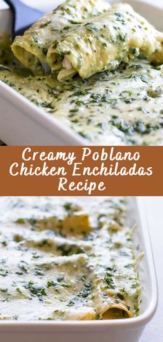 creamy poblaano chicken enchiladas recipe in a casserole dish