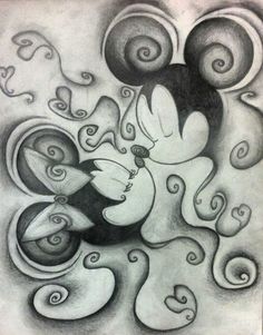 a drawing of mickey mouse with swirls and circles in the background, on paper