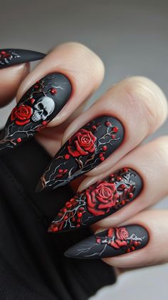 Make a statement with these stunning red flower long nail designs. Featuring vibrant r#RedFlowerNails #LongNailDesigns #NailArt #FloralNails #BoldNails #ElegantNails #NailInspiration #FlowerNailDesigns #RedNails #NailArtDesignsed blooms and intricate detailing, these nails add a touch of elegance and flair to any look. Perfect for special occasions or adding a pop of color to your everyday style, these designs are both eye-catching and sophisticated. Intricate Nail Designs Nailart, Goth Flower Nails, Valintens Nails, Victorian Goth Nails, Night Nails Design, Haunting Adeline Nails, Hades And Persephone Nails, Black Rose Nail Design, Long Acrylic Nails Designs Ideas Baddie