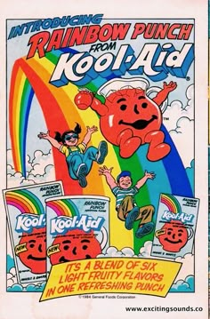 an advertisement for rainbow punch from kool - aid, with cartoon characters on it