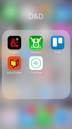 an iphone screen with different icons and text on the bottom right corner, including dragon, fantasy, story cubes, time - tree, and d & d & d