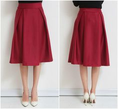 Classy Pleated Wine Red Mid Length Skirt Outfits With Knee Length Skirts, Knee Length Skirts, High Rise Skirt, Red High, Online Fashion Boutique, Mid Length Skirts, Gathered Skirt, Women Skirts Midi, A Line Skirt