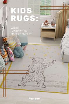 a child's bedroom with a teddy bear rug on the floor