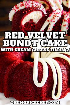 red velvet bundt cake with cream cheese filling is shown in the image and text reads, red velvet bundt cake with cream cheese filling