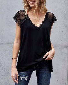 LACE SLEEVE TOP Flirty lace sleeves and a sexy v-neckline make this the perfect date night top! Pair with some distressed denim and sandals or our white Kancans! Deep V-neckline Cap sleeves Material: Polyester, Spandex Sizes: S, M, L, XL *Fits relaxed true to size Black Lace Blouse Outfit, Lace Blouse Outfit, Lacey Tops, Lace Sleeve Top, Black Lace Blouse, Casual Black, Blouse Outfit, Knit Tank, Outfit Summer