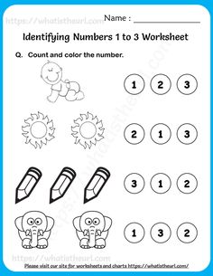 the printable worksheet for identifying numbers to 3 worksheet with an elephant and