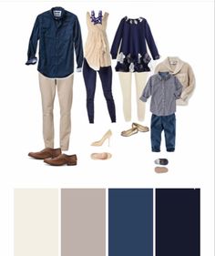 the color scheme is blue, beige and white with an assortment of clothing on display