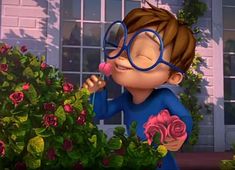 a cartoon boy wearing glasses and holding a pink rose in front of a building with windows